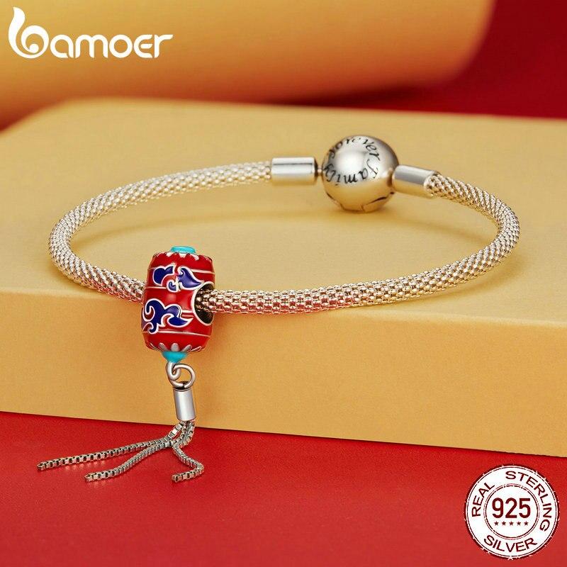 BAMOER 925 Sterling Silver Chinese New Year Series Red Enamel Lion Dancing Hanging Bead for Women Bracelet and Necklace