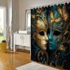 Elegant Venetian Masks Shower Curtain for a Luxurious Bathroom, Featuring Intricate Gold and Blue Designs with Butterflies.