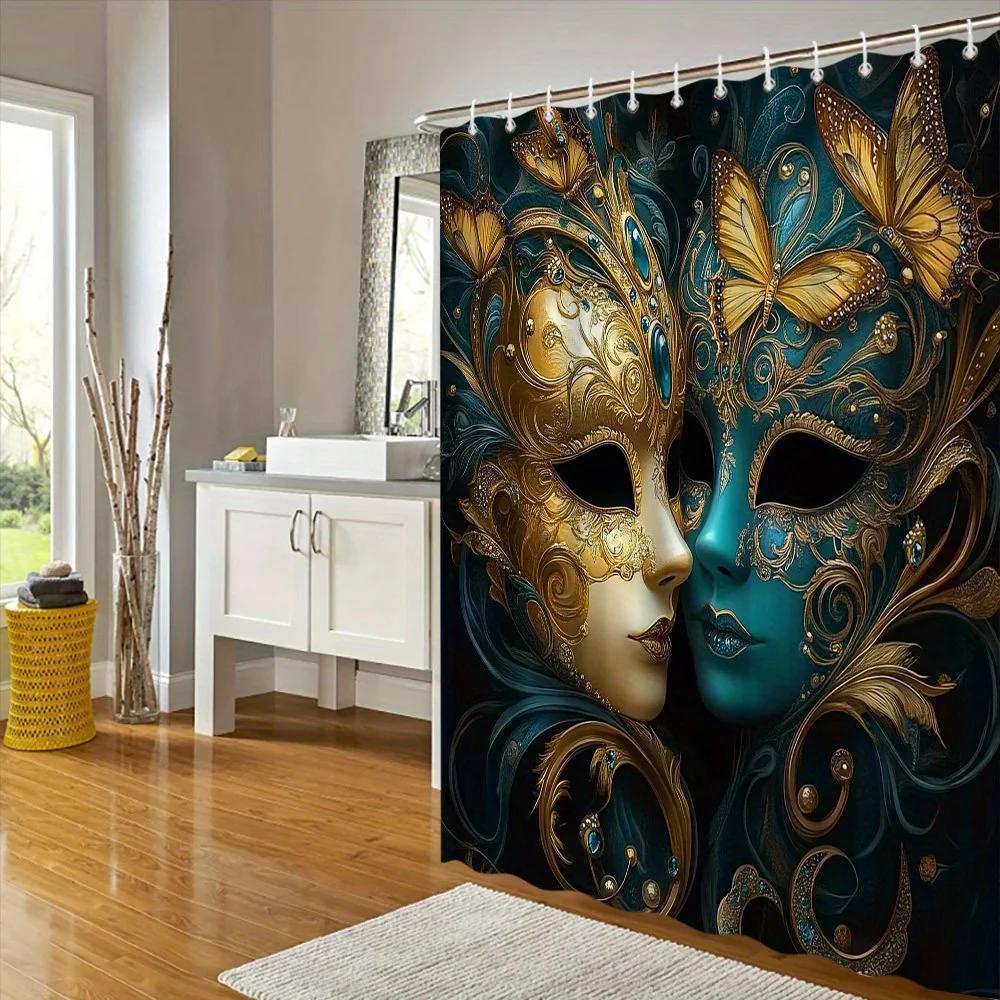 Elegant Venetian Masks Shower Curtain for a Luxurious Bathroom, Featuring Intricate Gold and Blue Designs with Butterflies.
