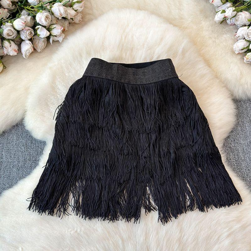

Tassel Skirt Women s 2025 Summer New Arrival Fancy Dancing Skirt High Waist Slim Looking Asymmetrical Sexy Skirt Black One size
