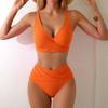 Juego de 2 Piezas para Mujer Bikini Set Escote en V Bordes Ensanchados Sujetador Cintura Alta Control de Abdomen Braguitas de Natación Set Patchwork Color Traje de Baño de Verano