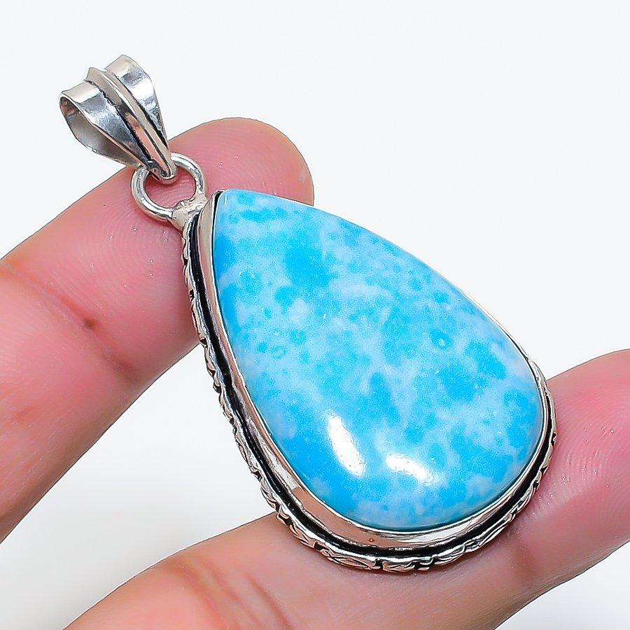 Natural Larimar Gemstone Handmade 925 Sterling Silver Jewelry Pendant 2.05" AP-15726
