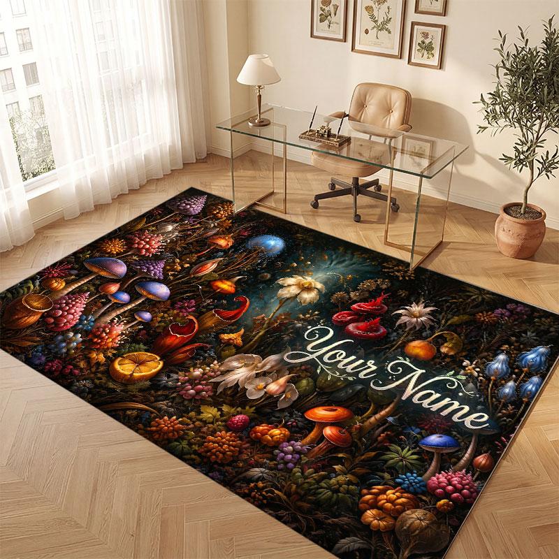 Mushroom Forest Theme Crystal Velvet Floor Rug Personalized Custom Name Text Warm Carpet Home Decoration