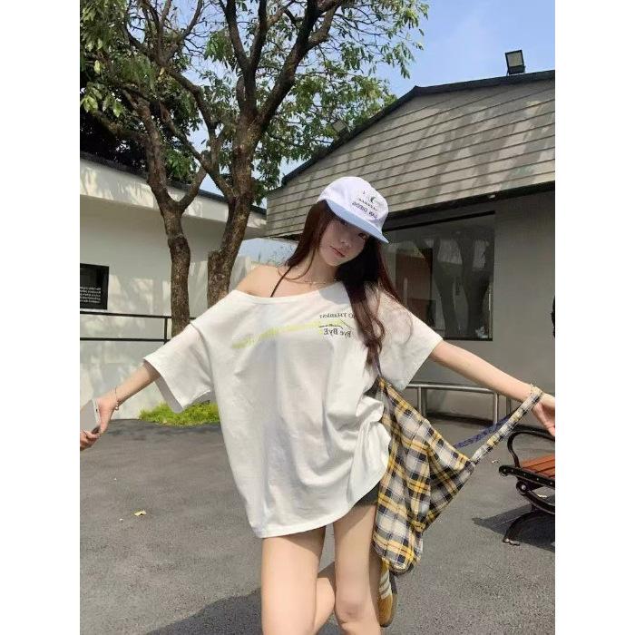 [Pure Cotton] Letter Printing Short-sleeved Off-the-shoulder T-shirt Women's Loose Top Navy Blue White Gray