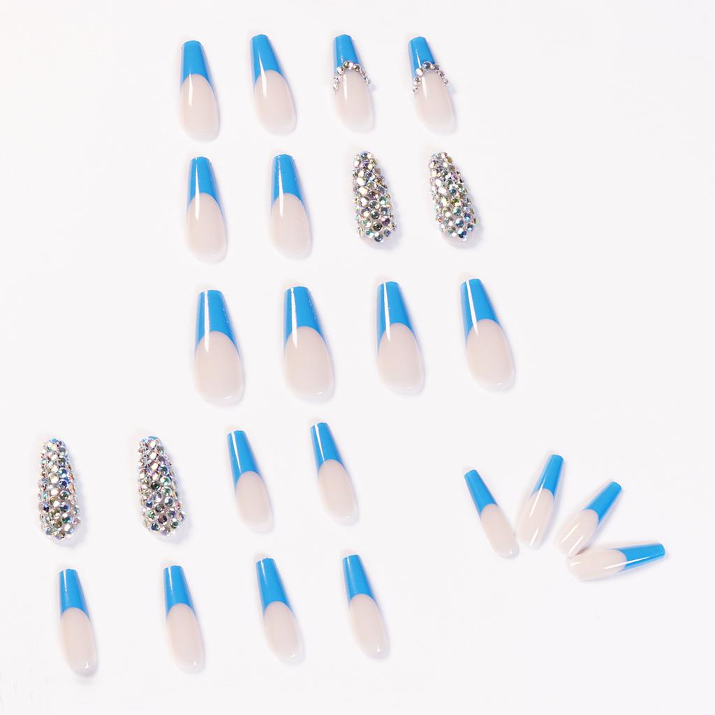 Blue French full diamond presson nail wear nail art finished fake nail removable nail patch