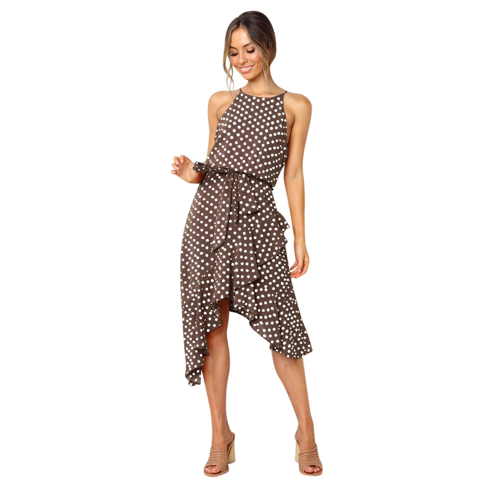 

2021 Summer Fashion Polka Dot Lace Irregular 3-Color Women Dress кофейный