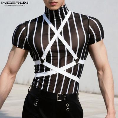 T-shirt da Uomo a Collo Alto a Maniche Corte Trasparenti con Bende per Feste e Club
