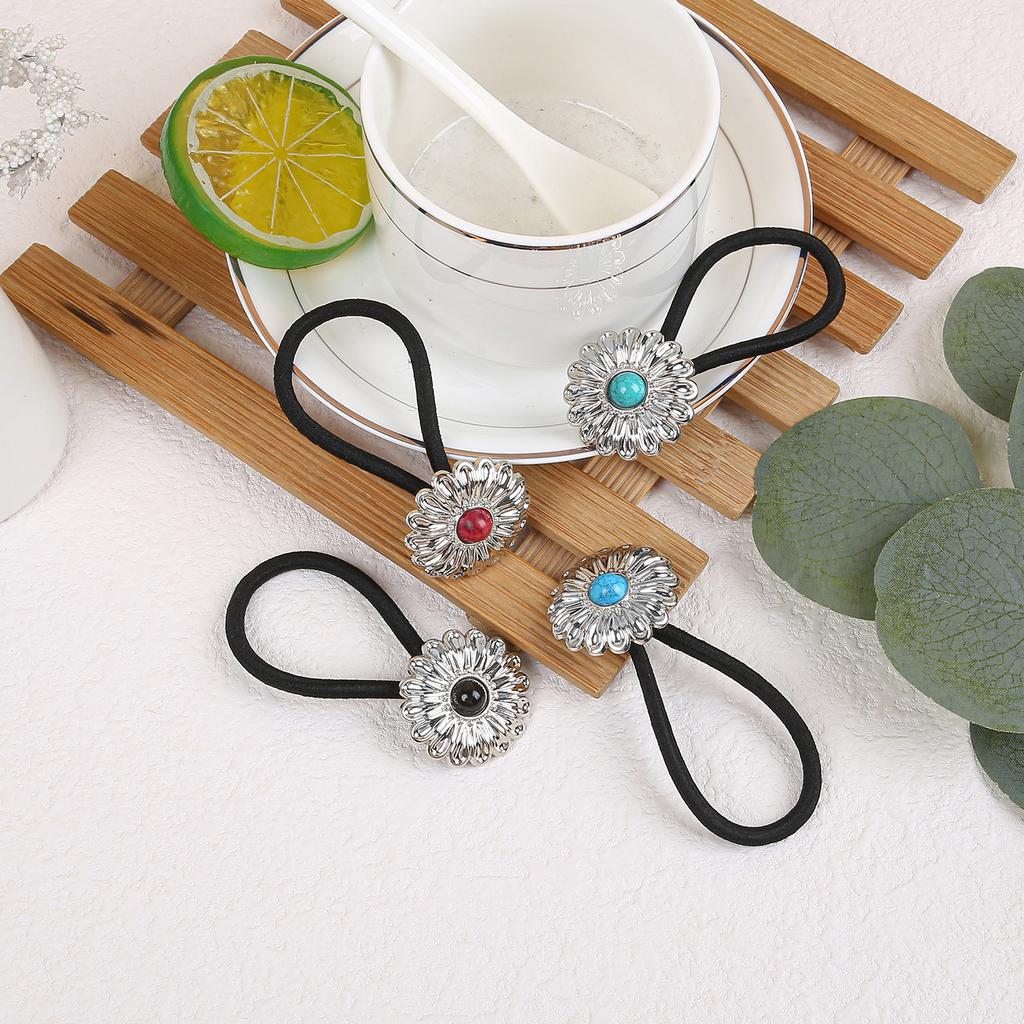 1/4PCS American Western Cowboy Floral Hair Ties Personalized Retro Turquoise Hairband Alloy Flower Scrunchies Headpiece Headwear