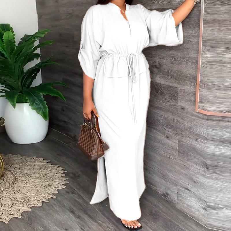 2025 Frühling Damen Locker Lässiges Langes Kleid mit Schlitz-Taschen