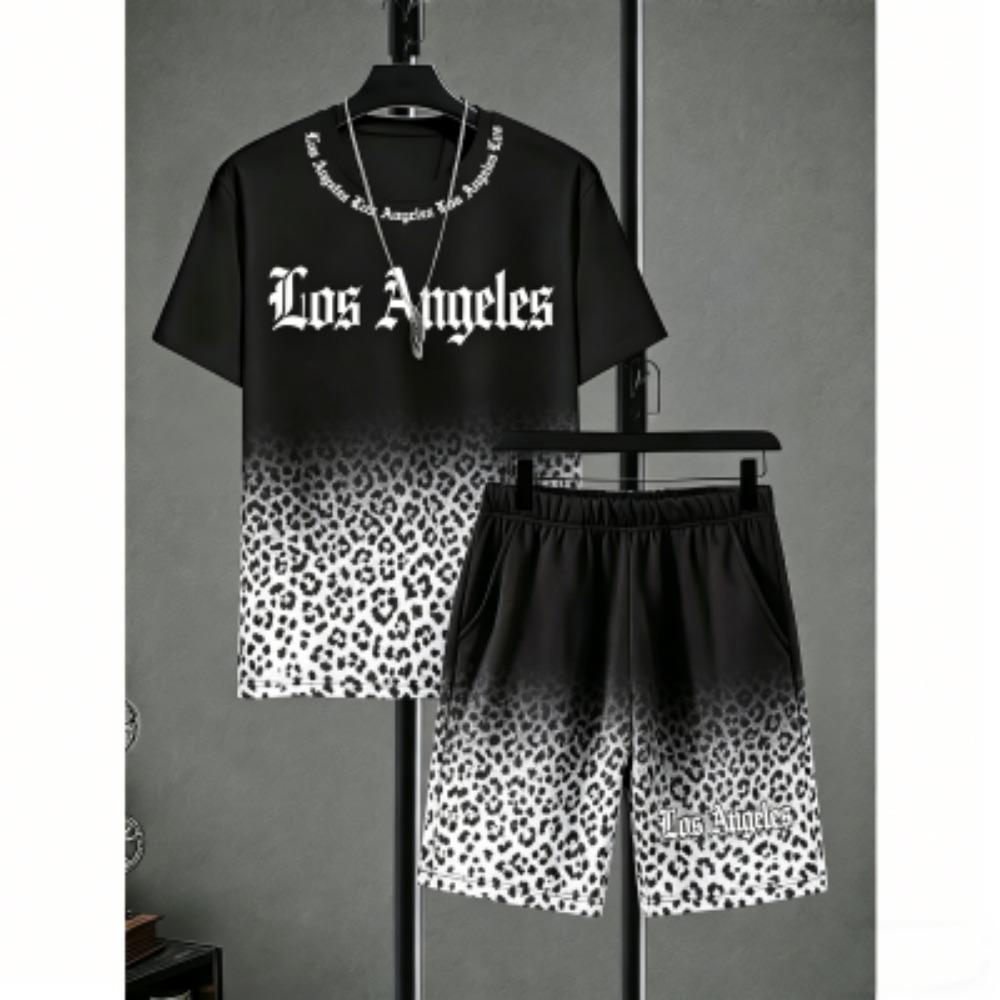 Fun Men's Set Leopard Printed Men's T-shirt and Shorts 2 Piece Set Summer Casual Outdoor Plus Size Men's and Women's T-shirt Sets