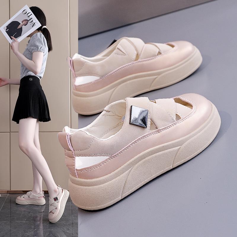 Hollow breathable bread shoes for women 2025 summer thick-soled soft Velcro muffin big head niche board shoes for women W18