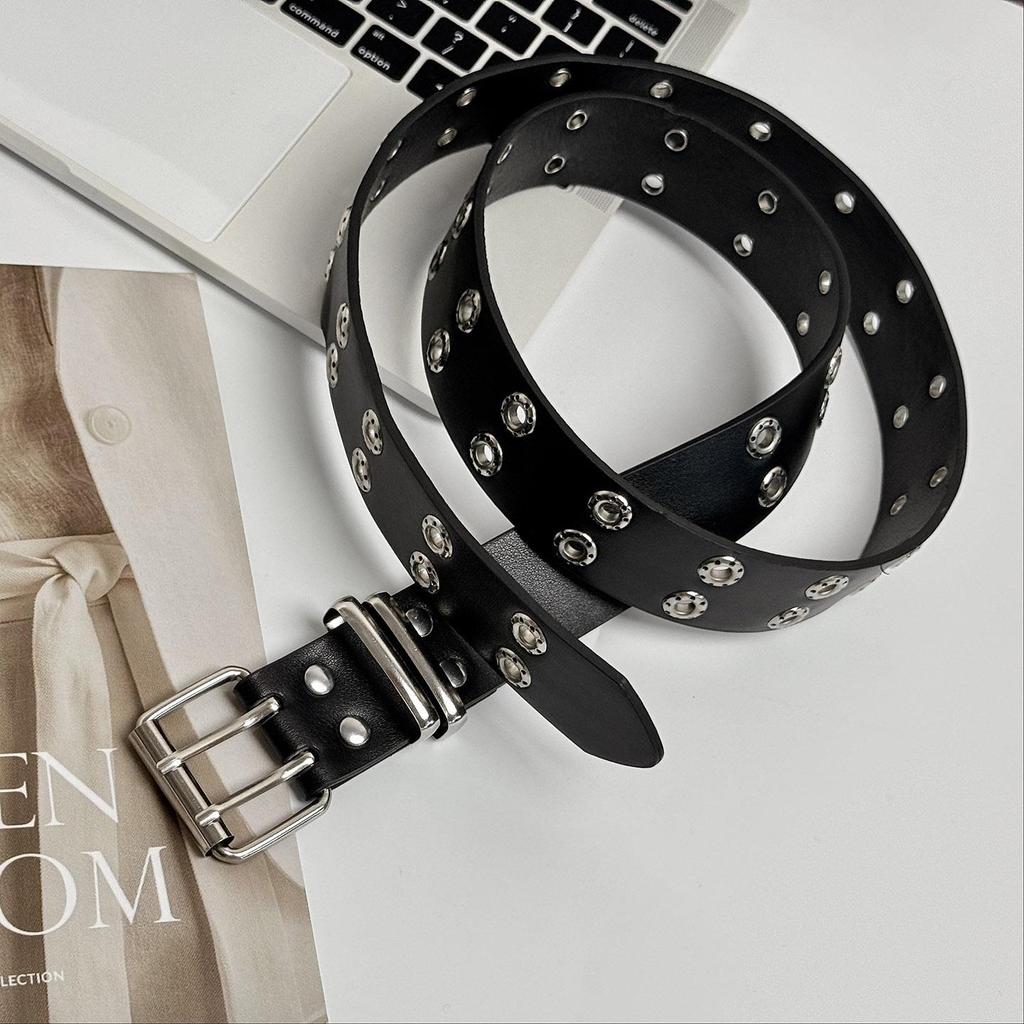Y2K Punk Black Leather Belt for Women - Cutout Rivet, Double Row Buckle, Full Hole Design