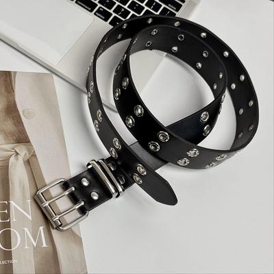 Y2K Punk Schwarzer Ledergürtel für Damen - Ausgeschnittene Nieten, Doppelreihenschnalle, Vollochdesign