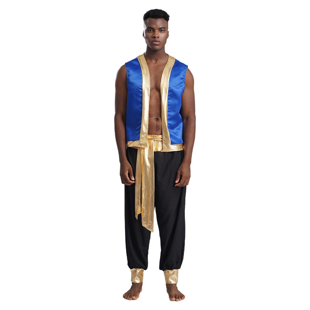 Mens Arabian Prince Costume Set Metallic Shiny Trim Open Front Vest Long Pants Two Piece Party Outfit