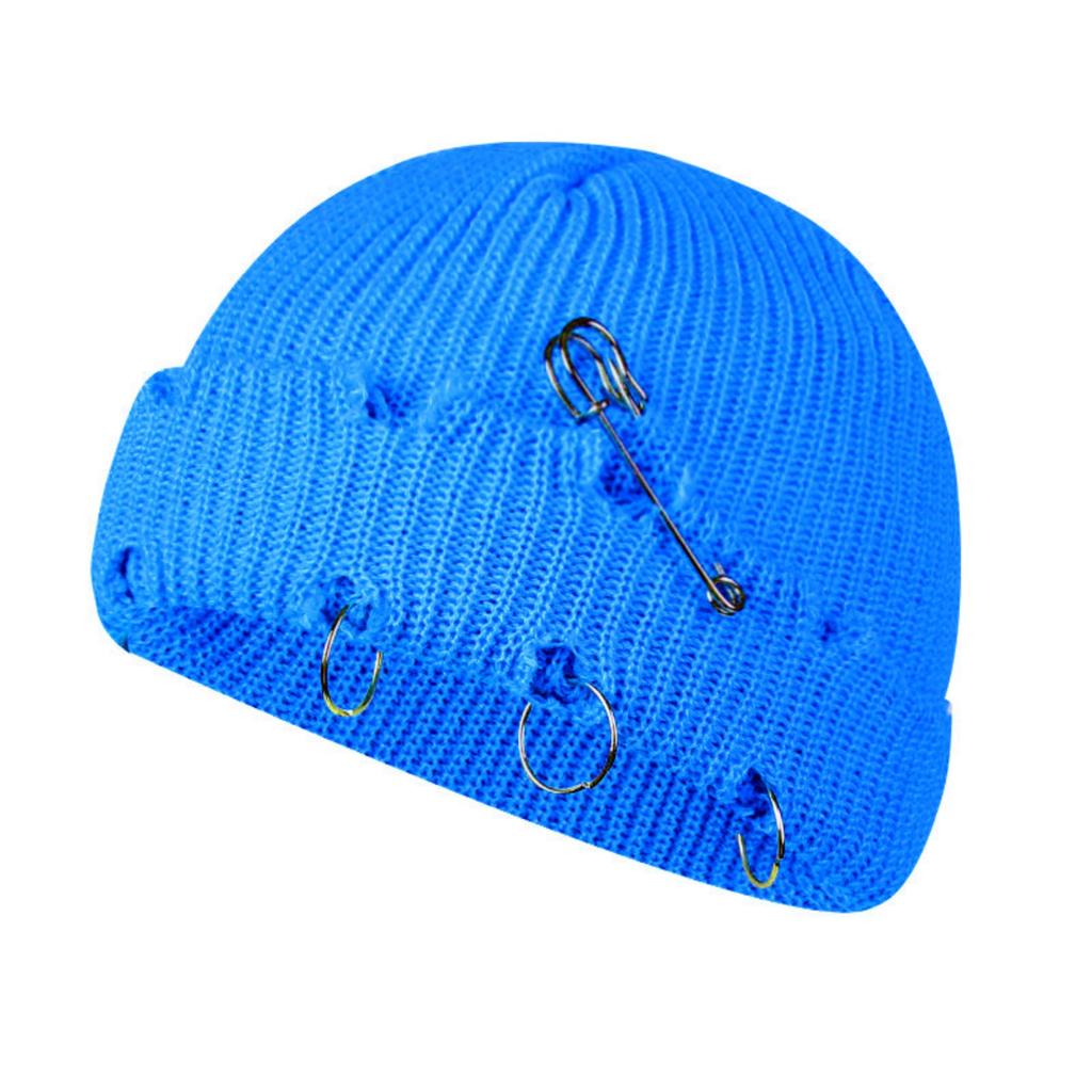 Fall And Winter Trendy Solid Color Safety Pin Iron Ring Knitted Wool Hat, Vintage Holey Pullover Wool Hat