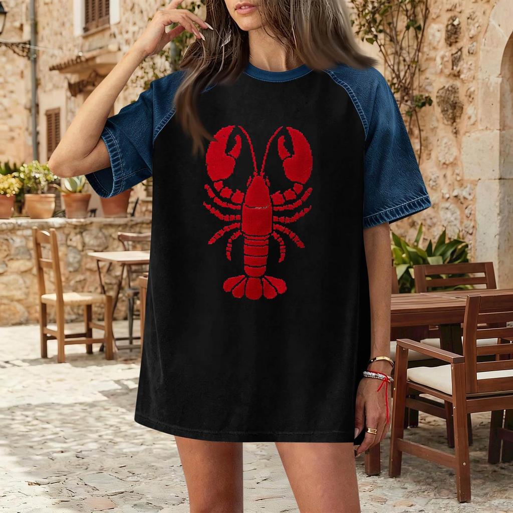 Damska casualowa koszulka z krótkim rękawem, patchwork z denimu, luźny krój, okrągły dekolt, letnia, wiosenna moda, top z nadrukiem homara