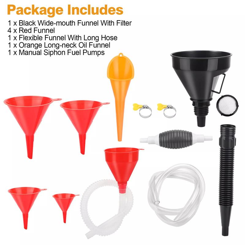 8Pcs Automotive Funnel Set With Removable Nozzle And Filter With Manual Siphon Pump For Filling Water/Gasoline/Coolant/Motor