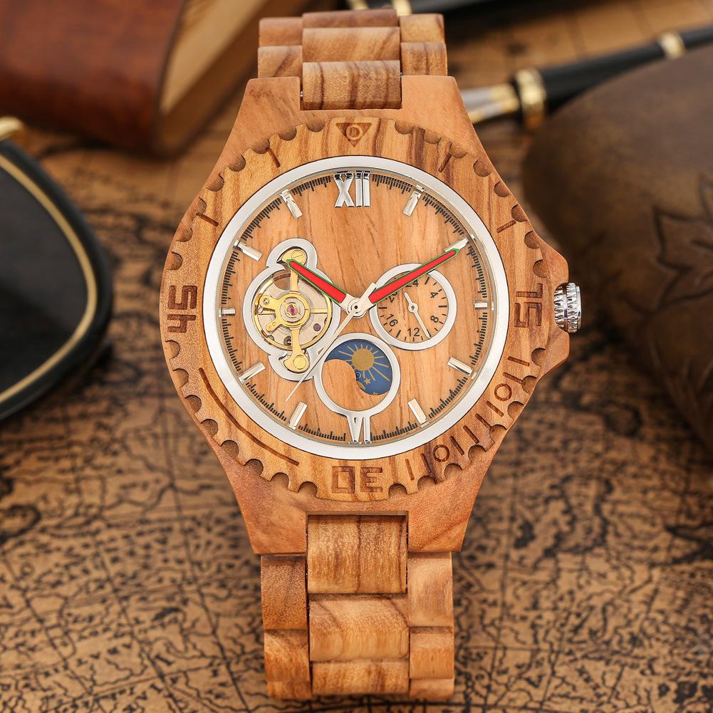 Tourbillon Skelettiertes 24-Stunden Mondphasenzifferblatt Herren Vollautomatische Mechanische Holzuhr Freizeit- und Geschäftszubehör