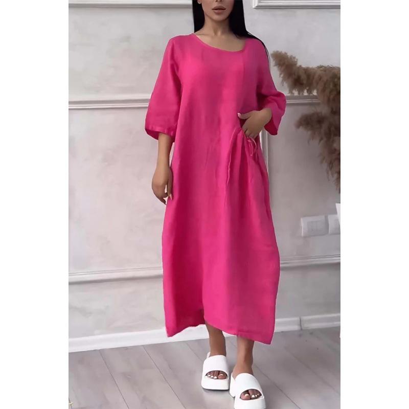 2024 Women's Cotton Linen Solid Colored Casual Button Long Dress with Round Neck