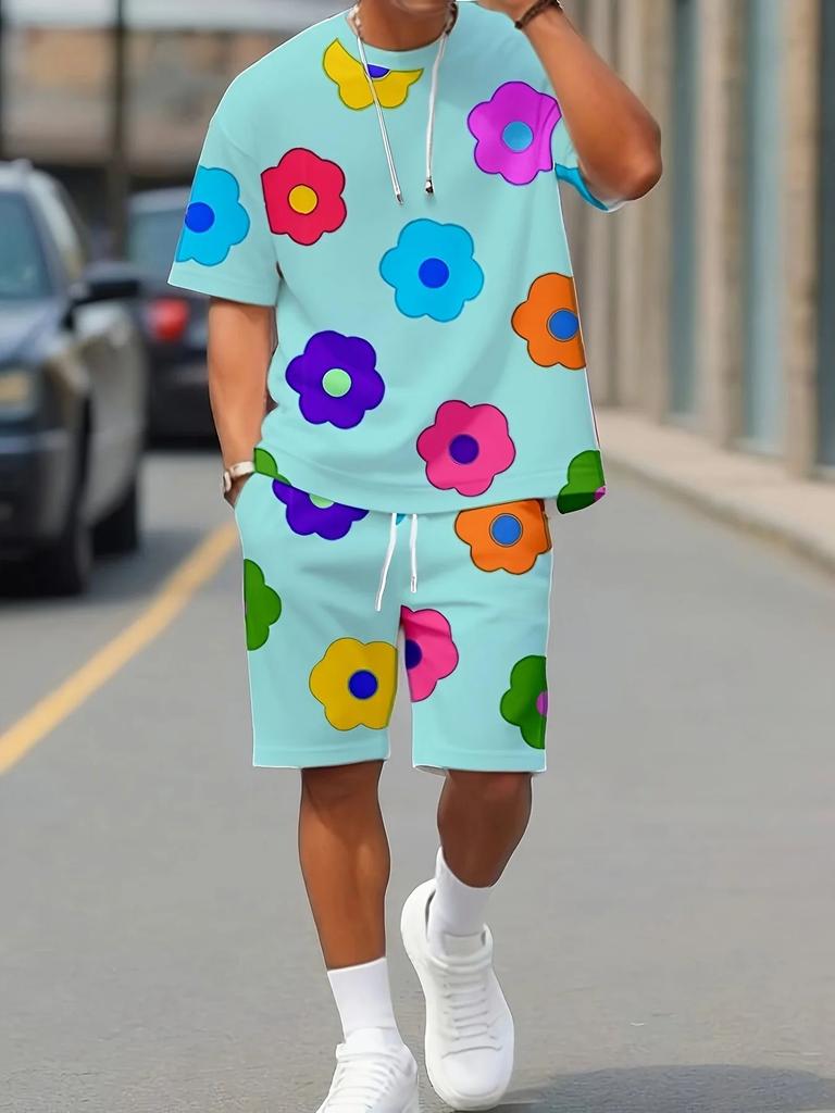 Men's Set Summer New with Colorful Flower 3D Prints, Casual Set with Round Neck, Short Sleeve T-shirt and Shorts