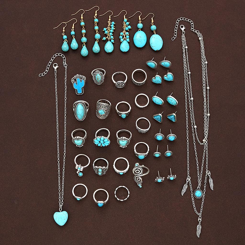 Set de Joyería Bohemia de Turquesa de 44 Piezas para Mujer Vintage Set de Pendientes Anillo Collar de Girasol Corazón Joyería de Turquesa Natural Regalo