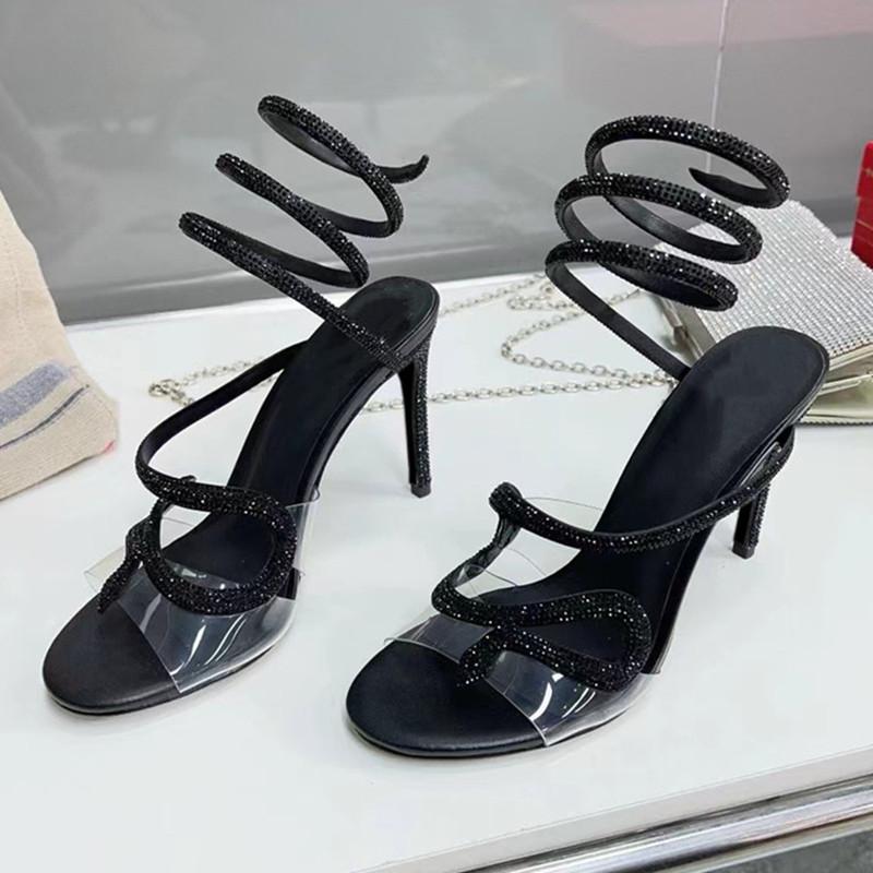 Fashion Summer Sandals Women Rhinestones Snake Twine Around Ankle Strap Wedding Shoes Fashion PVC Crystal High heels Gladiator Sandals