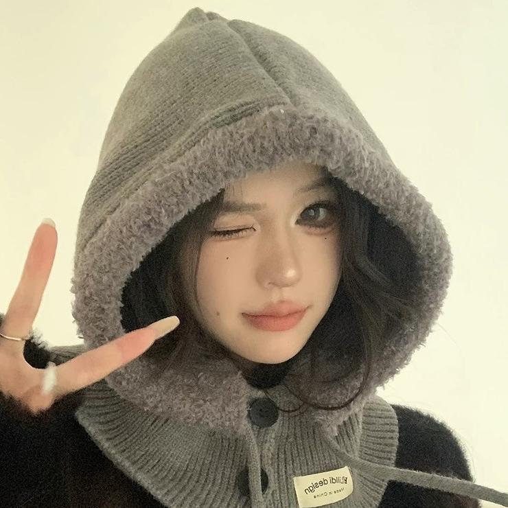 1pc Women's Drawstring Faux Collar Balaclava Hat,Outdoor Warm Knitted Face Neck Protective Hood Cape,for Winter Cold Protection