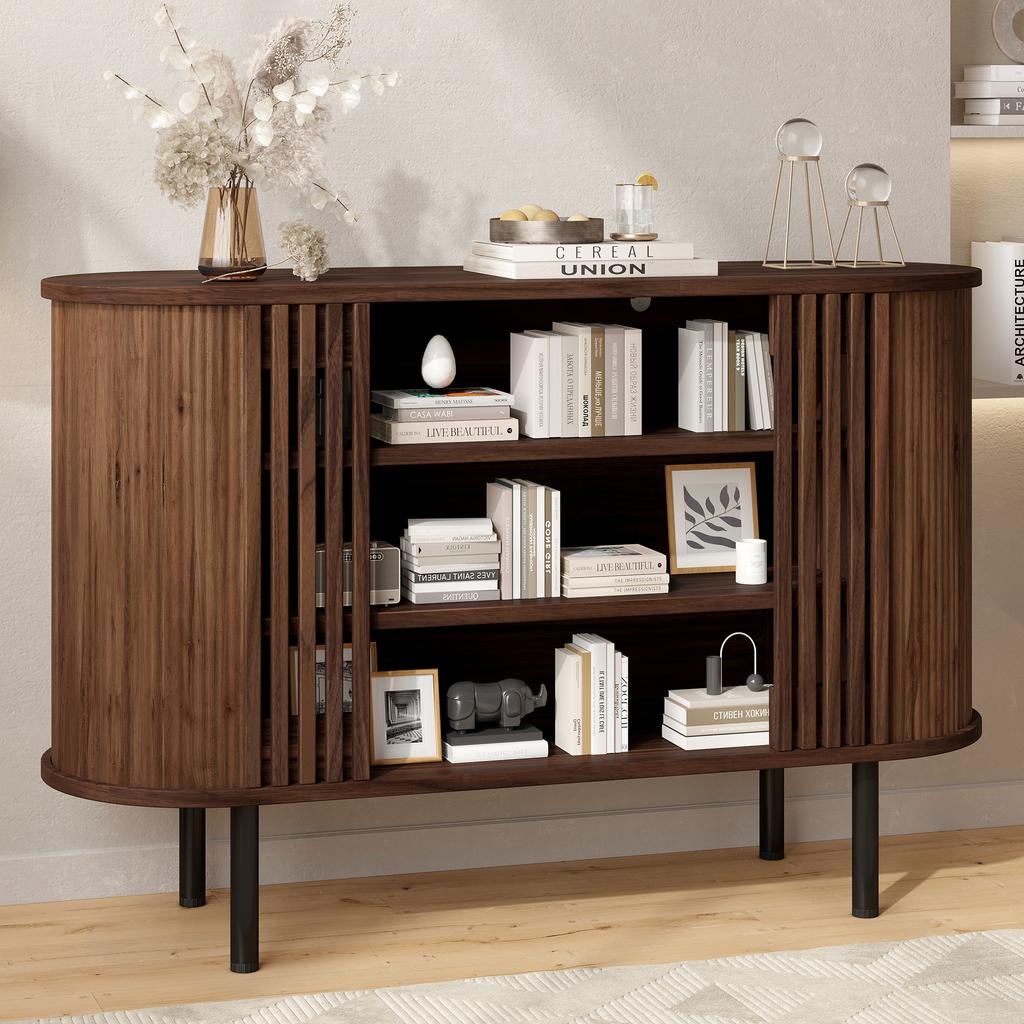 120x40x80cm Sideboard,Storage Cabinet ,Walnut Wood Colour Open Fence Construction for Living and Dining Room,Adjustable Metal Legs,MDF Material