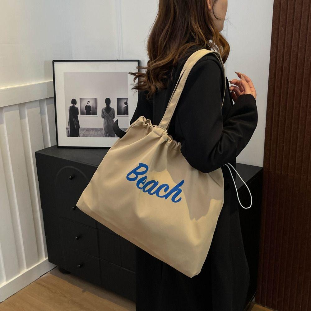 Canvas Drawstring Tote Bag Korean Style Letter Printed Handbag Fashion Nylon Shoulder Bag  Women