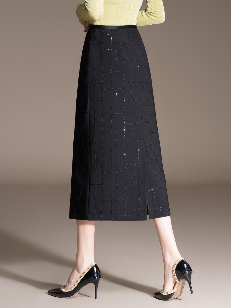 Spring 2026 Black Sequin Slim Bodycon High Waist Midi Pencil Skirt