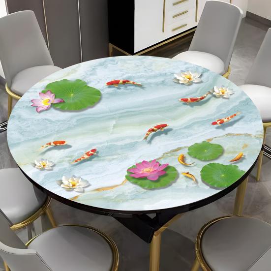 Wasserdichte Runde Tischdecke PVC Ölbeständige Tischabdeckung Blume Lotosblatt Fisch Tischdecke Tischschutz für Esszimmer Terrasse Picknick Party Innen Außen