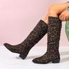 Sexy Leopard Suede Knee Boots Women 2025 Autumn Pointed Toe Medium Heel Slip On Long Boots Brand Design Soft Pleated Boots