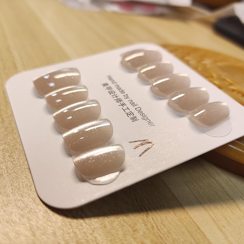 100% HANDMADE Square Round Fake Nail Set With Glue Art Champagne Nude Cat'S Eye Pure Color Short Colorful Laser Rainbow Cat'S Eye Nails Reusable