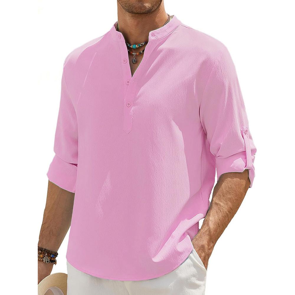 Men's Cotton Linen Long Sleeve Polo Shirt Henley Neck Lightweight Breathable Casual Button Tops Beach Style Simple Male Clothing