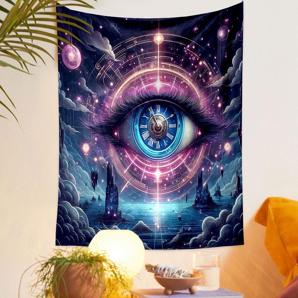 "Cosmic Eye with Clock and Mystical Sky" Patterned Tapestry Home Decor, Suitable for Bedroom and Living Room, Gift