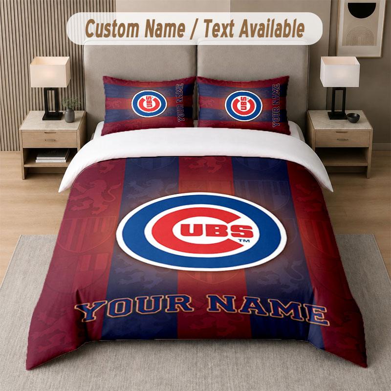 Custom Bedding Set Chicago Cubs Pattern, Print Name Text 1 Duvet Cover plus 2 Pillowcases Home Textile