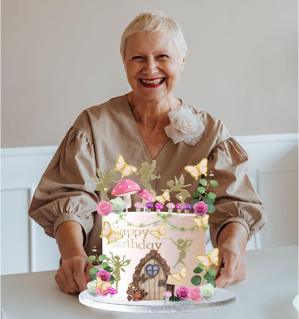 Fairy Cake Toppers Fairy Cake Decoration Pink Mushroom Door Butterfly Flower Cake Decoration Fairy Garden Topper for Fairy Party