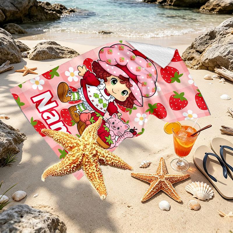 Custom Name Personalized Strawberry Shortcake Print Beach Towel, for Trip Camping Beach Party Home Decor, Birthday Gift for Family & Friends