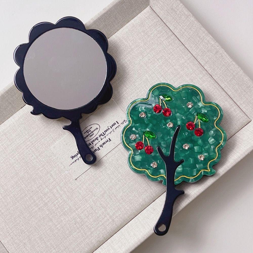 Cute Cherry Acetate Makeup Mirror Rhinestone Colorful Tree Shape Mirror Cartoon High Definition Handle Portable Mirror Girl