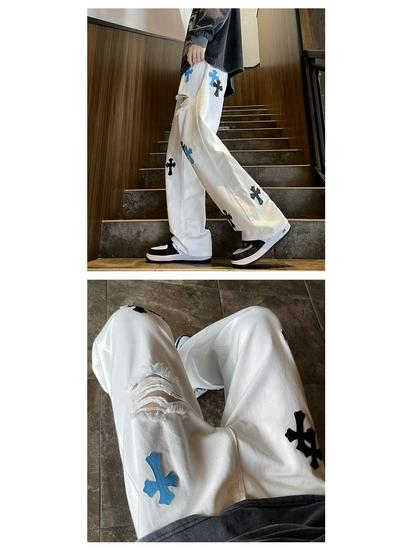 2023 American High-Street Unisex Casual Straight-Leg White Jeans