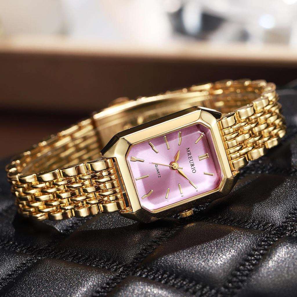 Trendige Damen-Vierkant-Armbanduhr mit goldenem Stahlband
