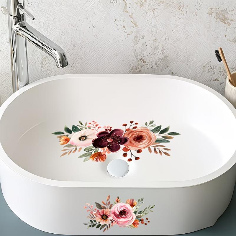 Lucky Koi And Floral Washbasin Sticker Self-Adhesive Waterproof Removable Bathroom Sticker, Wall Bathroom Sink Decal Home Decor
