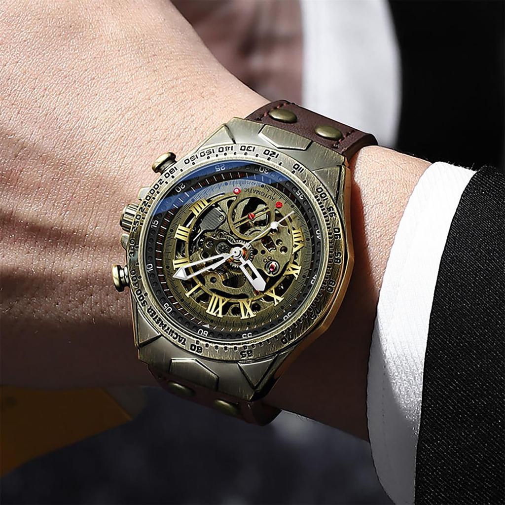 Automatic Winding Men's Skeleton Watch with Genuine Leather Strap: Roman Numerals, Analog Display, 3ATM Water Resistant, Suitable for Leisure, Busines