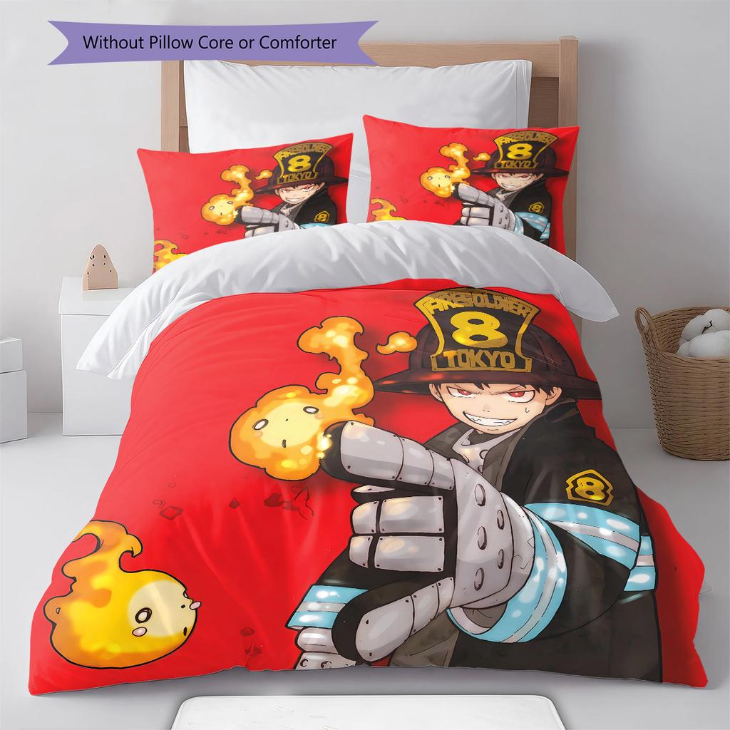 Fire Force Pattern Bedding,Quilt Set Quilt Cover Pillowcase Home Birthday Gift (1 * duvet cover + 2 * pillowcase, without core)