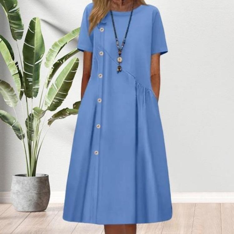 Casual Midi Dress for Women Beautiful Beach Dress Pleated O Neck Lady Clothes