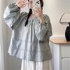Johnature Dámský top s kulatým výstřihem Jarní výřezy Šití Volný Japonský Les Nařasené Dlouhý rukáv