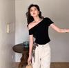 Pure Desire Asymmetrical One-Shoulder Slimming White T-Shirt for Women - Waist-Cinched Summer Design
