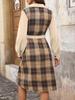 100% Clothing: 2025 Retro Plaid Patchwork Dress with Turn-Down Collar - New European & American Autumn/Winter Workplace Style.