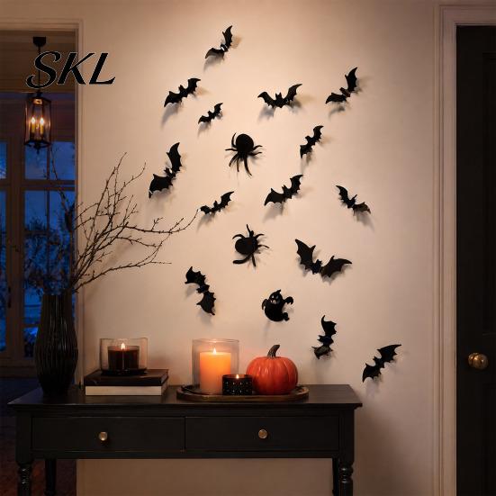 Removable Wall Art for Renters Halloween 3D Stickers, Self-adhesive Peel And Stick PVC Waterproof Easy to Clean Murals Ghost/Bat/Spider Decals