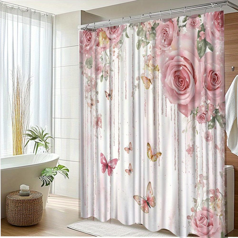 1Pc Floral Rose And Butterfly Shower Curtain, Elegant Pink Roses And Butterflies Print For Bathroom And Patio Decor, Romantic